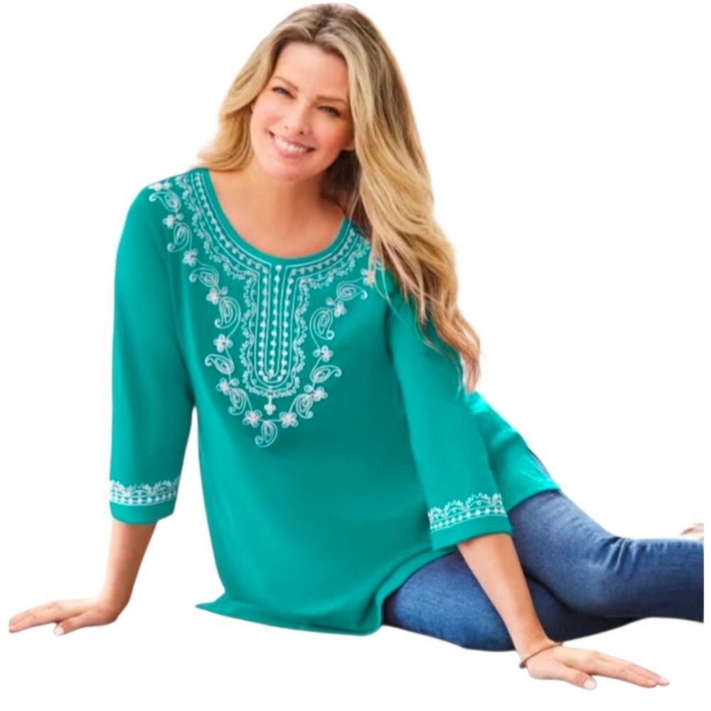 Woman Within NWOT  Embroidered Knit Tunic Top Boho Waterfall Size 1x